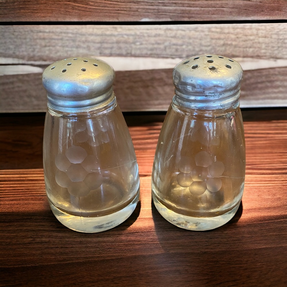 Vintage Etched Glass Salt and Pepper Shakers Floral Mid Century Retro